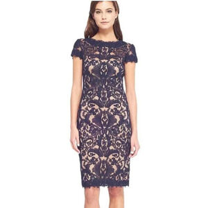 TADASHI SHOJI Navy Blue Lace CORDED EMBROIDERY TULLE CAP SLEEVE DRESS Size 6